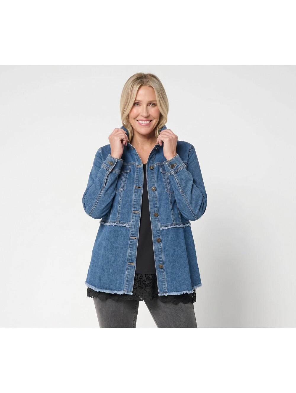 LOGO by Lori Goldstein Desert Wash Denim Jacket Medium Wash, Size Petite X-Large